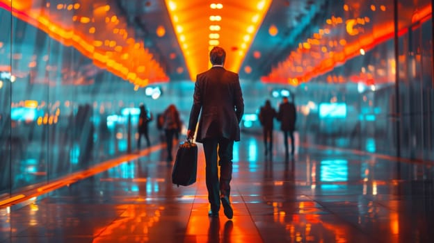 A man walking down a hallway with his briefcase in hand