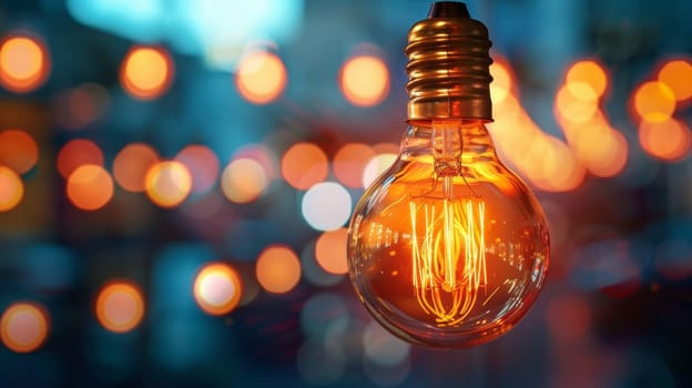 A close up of a light bulb with some blurry lights in the background