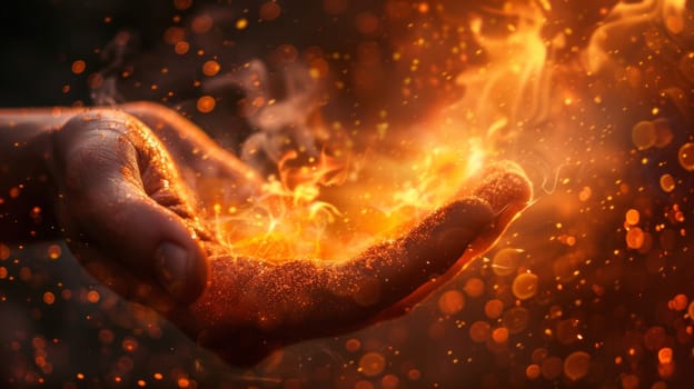 A person's hand is being engulfed in flames with a glowing background