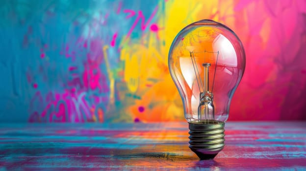 A light bulb sitting on a colorful table with multicolored paint