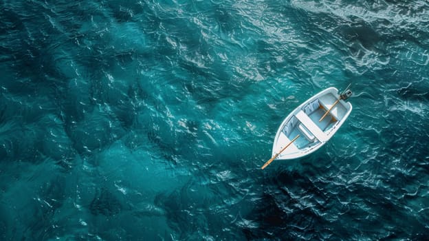 A small boat floating in the ocean with a rope attached