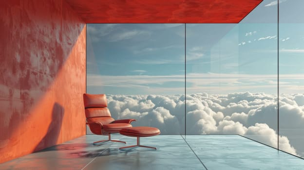 A chair and a window in an empty room with clouds