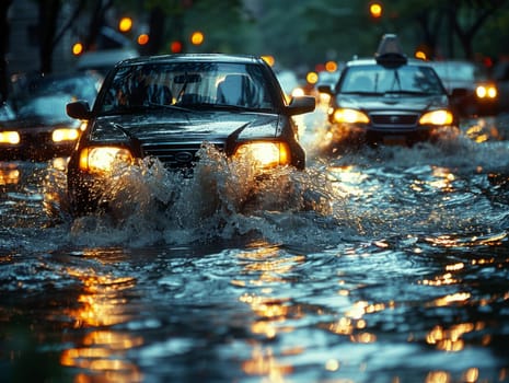 Car drives along flooded road during rain. Thunderstorm disaster, car drives through a puddle in the pouring rain. Ai generated