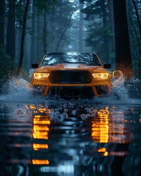 Car drives along flooded road during rain. Thunderstorm disaster, car drives through a puddle in the pouring rain. Ai generated