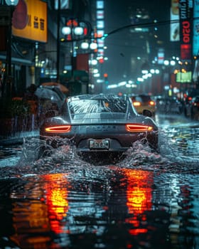 Car drives along flooded road during rain. Thunderstorm disaster, car drives through a puddle in the pouring rain. Ai generated