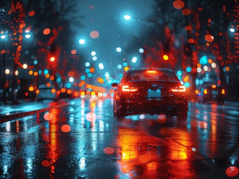 Car drives along flooded road during rain. Thunderstorm disaster, car drives through a puddle in the pouring rain. Ai generated