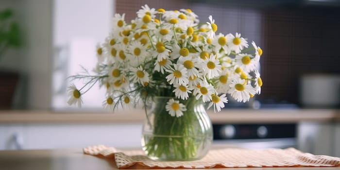 Lovely Bunch Of Fresh Chamomile On A Light Kitchen Table