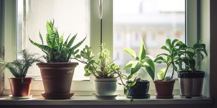 Houseplants In Pots Growing On A Room'S Windowsill
