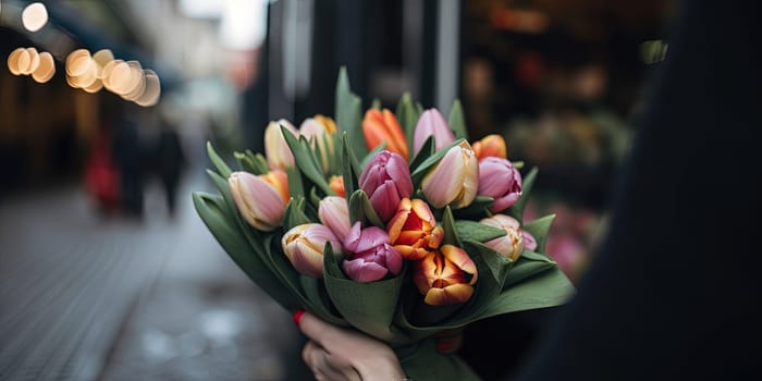 Woman Purchasing Lovely Bunch Of Fresh Tulips In Florist Shop