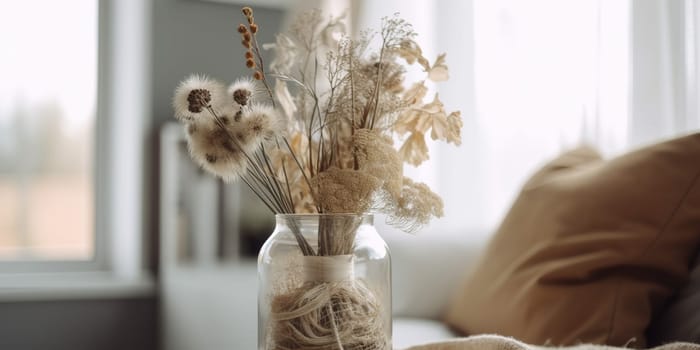 Glass Vase With Dried Beige Flowers On A Living Room Table