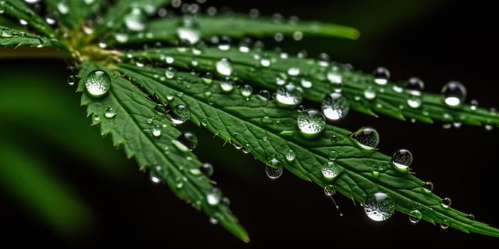 Close Up View Of Fresh Marijuana Leaves With Dew Drops