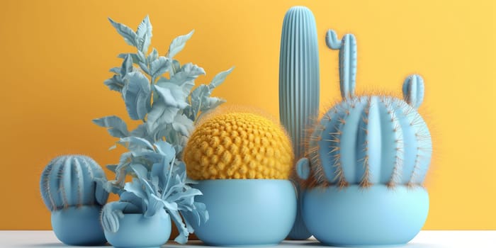 Blue Cactuses In Pots Against A Yellow Backdrop