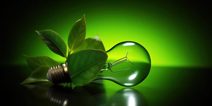 Green Light Illuminating Electric Bulb With Green Leaves, Symbolizing Green Energy