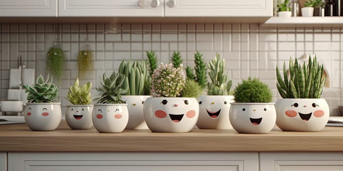 Funny Pots With Houseplants And Succulents On A Kitchen Table