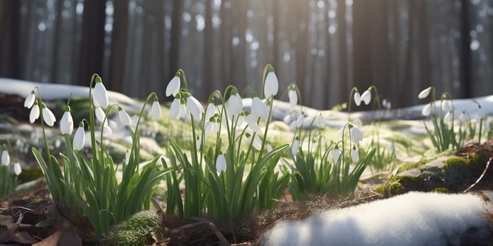 Lovely Snowdrops Sprouting In A Snowy Spring Forest