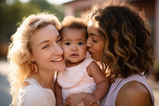 Cheerful Lesbian Couple With Their Cute Daughter Smiling Happily
