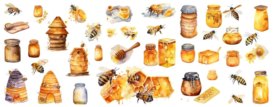 Collection Of Bees And Honey Watercolor Illustrations, Isolated On A White Background