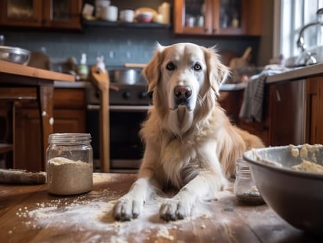 Golden Retriever Dog Breed Made A Mess In The Kitchen, Looking Beautiful