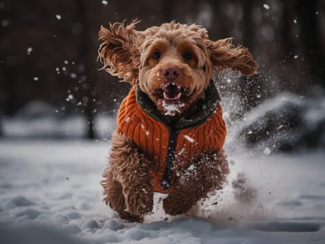 Small Fluffy Dog Amusingly Running Through Winter Snow