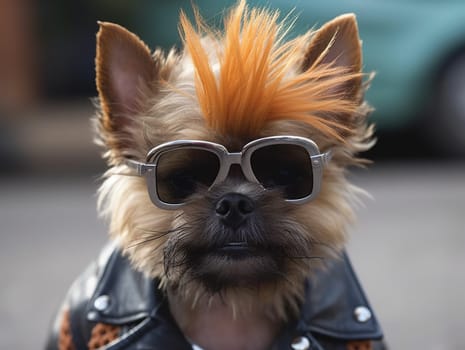 Humorous Yorkshire Terrier In Sunglasses Dressed As A Rock Musician With Dyed Hair