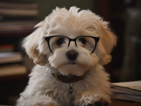 Adorable Intelligent White Lapdog Wearing Glasses Staring At The Camera
