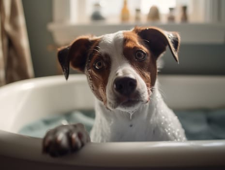 Happy Jack Russell Dog Breed Sitting In The Bathtub