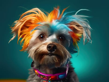 Cool And Funny Small Yorkshire Terrier Dog With Rainbow-Colored Hair And Collar