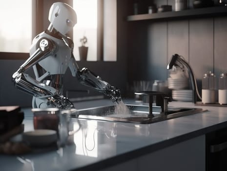 Advanced Tech Modern Robot Cleaning Dishes In Kitchen