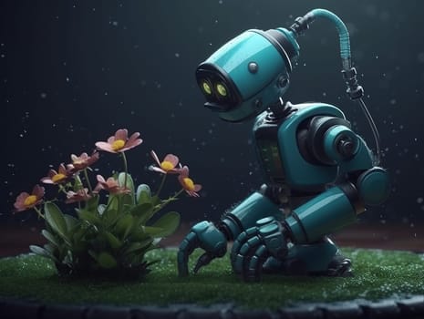 Illustration Of An Old Robot Cultivating Flowers