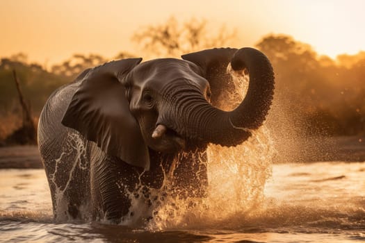 Elephant Playing With Water In River Close Up At Sunset