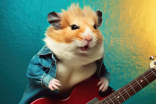 Humorous Red Hamster Playing A Guitar Like A Rock Star Against A Vibrant Backdrop