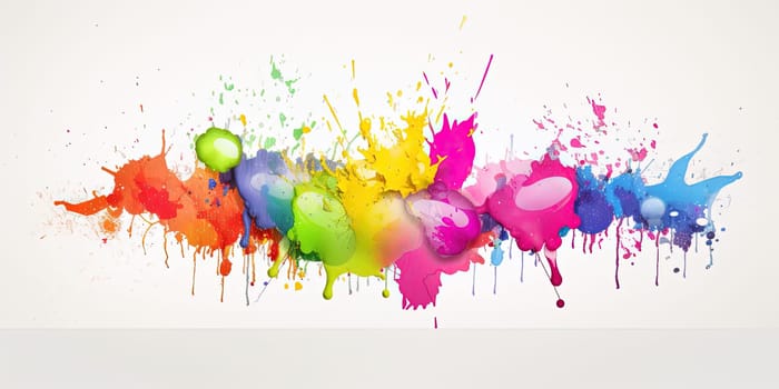 Watercolor Drawing Of Rainbow Paint Splash And Drops On A White Background