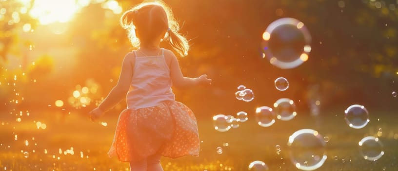 A young girl is running through a field of bubbles by AI generated image.