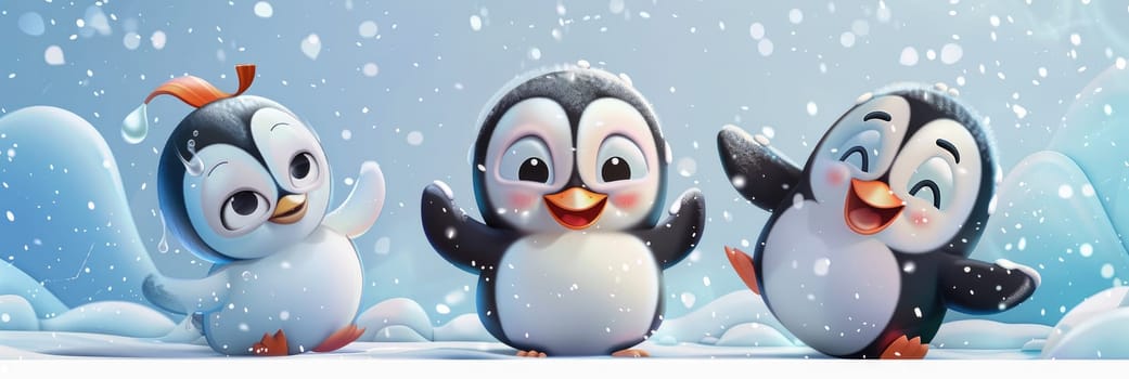 Three penguins are playing in the snow by AI generated image.