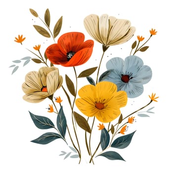 An artful painting of a vibrant bunch of corn poppy flowers with leaves on a white background, showcasing the beauty of this flowering plant in creative arts illustration