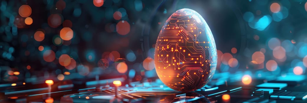 A glowing egg with a black shell sits on a circuit board by AI generated image.