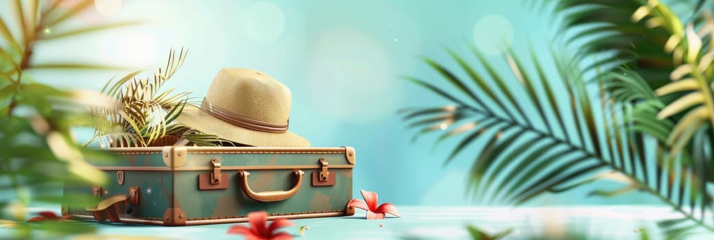 A suitcase is open on a beach with a palm tree in the background by AI generated image.