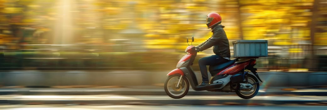 A man on a motorcycle is wearing a helmet and riding down a road by AI generated image.