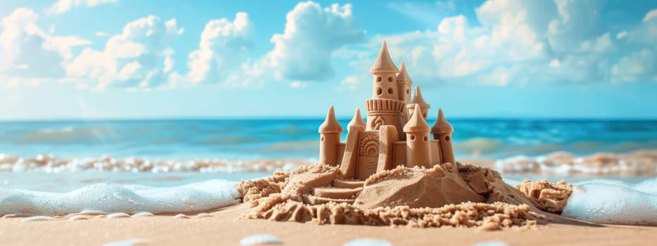 A sand castle is built on the beach with the ocean in the background by AI generated image.