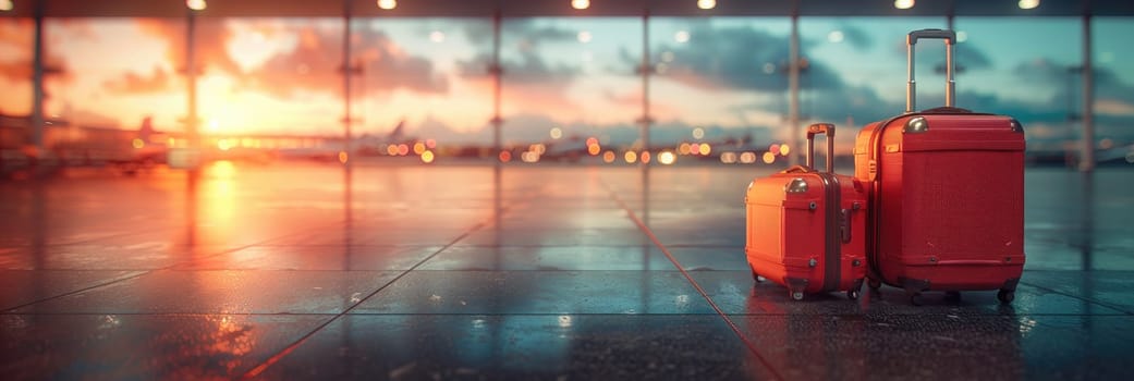 A pair of red suitcases are sitting on the floor in a busy airport terminal by AI generated image.