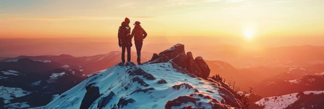 A couple standing on a mountain top with the sun setting behind them by AI generated image.