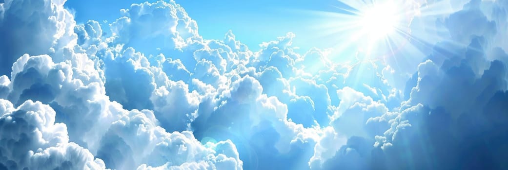 The sky is filled with fluffy white clouds and the sun is shining brightly by AI generated image.