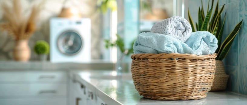 A basket full of clothes sits on a table next to a washing machine by AI generated image.