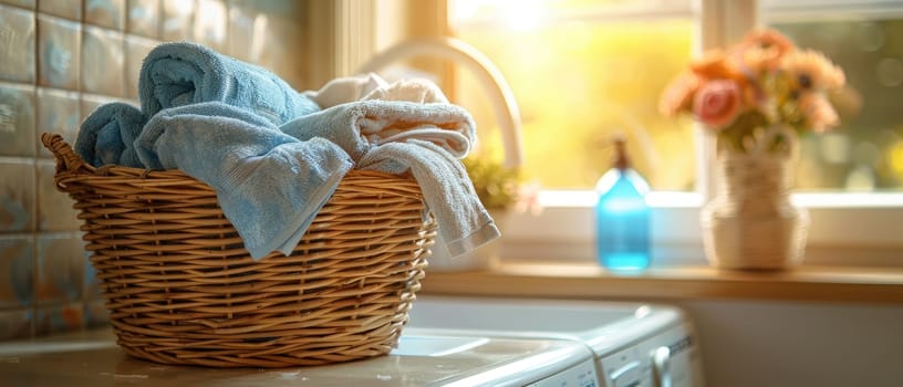 A basket full of clothes sits on a table next to a washing machine by AI generated image.