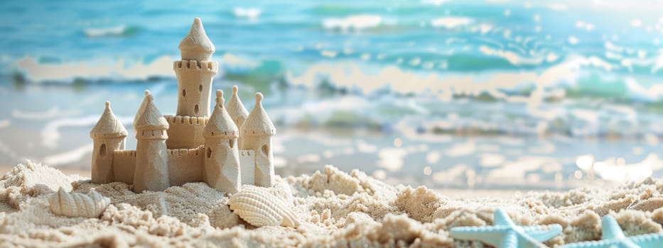 A sand castle is built on the beach with the ocean in the background by AI generated image.