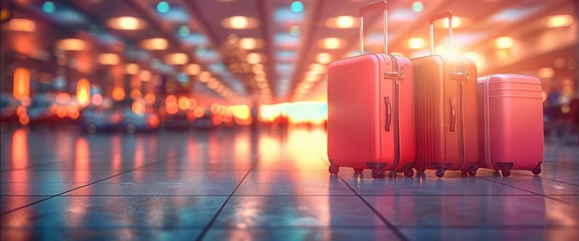 A pair of red suitcases are sitting on the floor in a busy airport terminal by AI generated image.