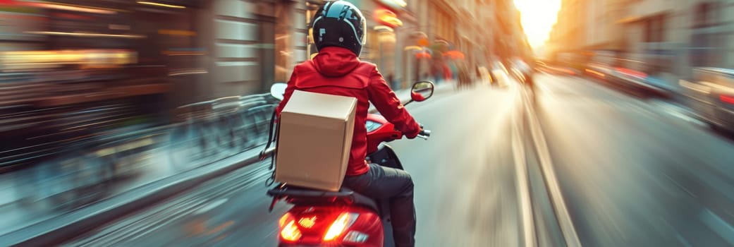 A man on a motorcycle is riding down a street with a box on his back by AI generated image.