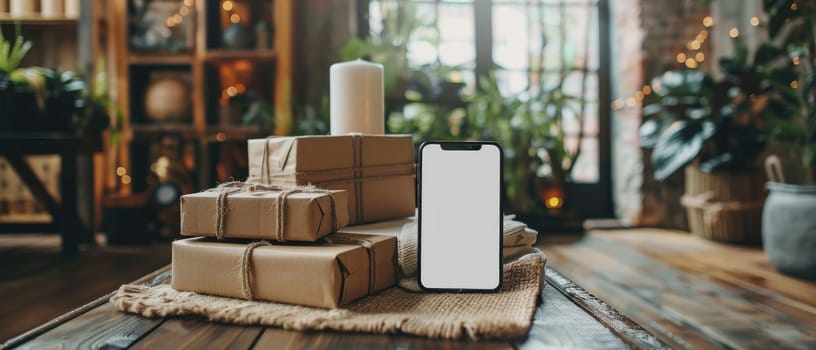 A white cell phone sits on top of a stack of brown boxes by AI generated image.