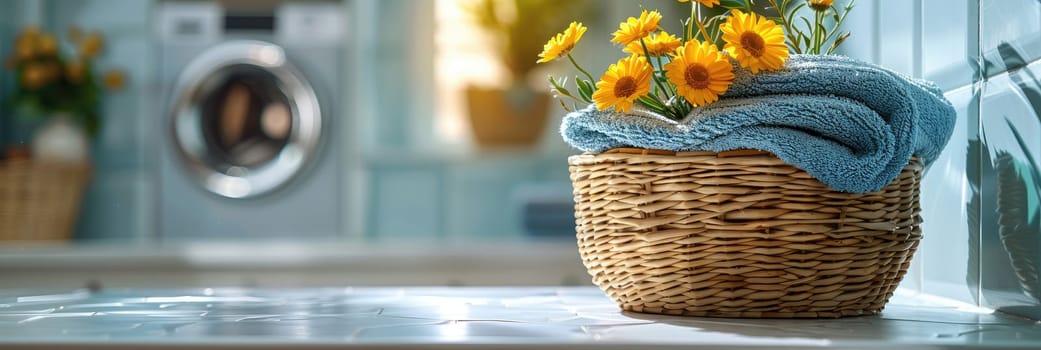 A basket full of clothes sits on a table next to a washing machine by AI generated image.