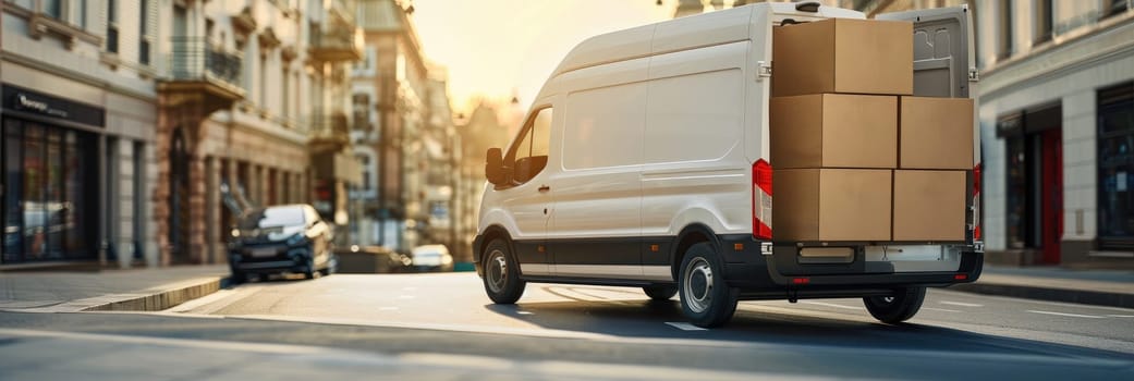 A white van is parked in front of a pile of cardboard boxes by AI generated image.